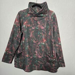 Christopher & Banks Abstract Watercolor Crossover Neck Pullover Pink Green XL